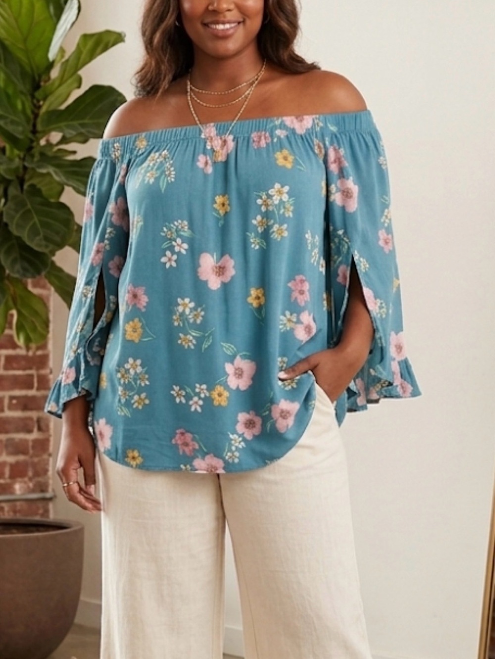 Lane Bryant Floral Off The Shoulder Ruffle Split Sleeve Top 18/20 Boho Eclectic